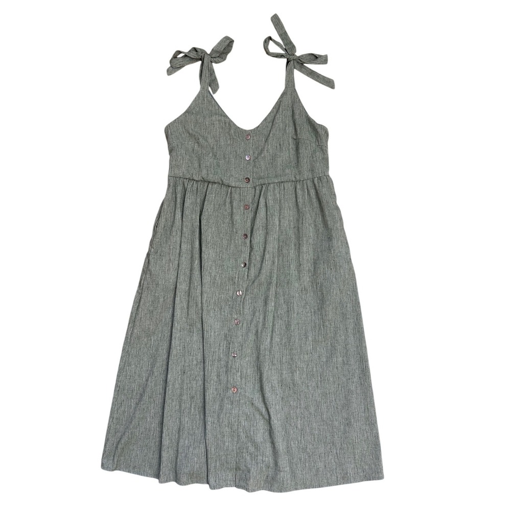 Sage Green Linen Blend Tie Strap Button Front Midi Dress Large lagenlook coastal